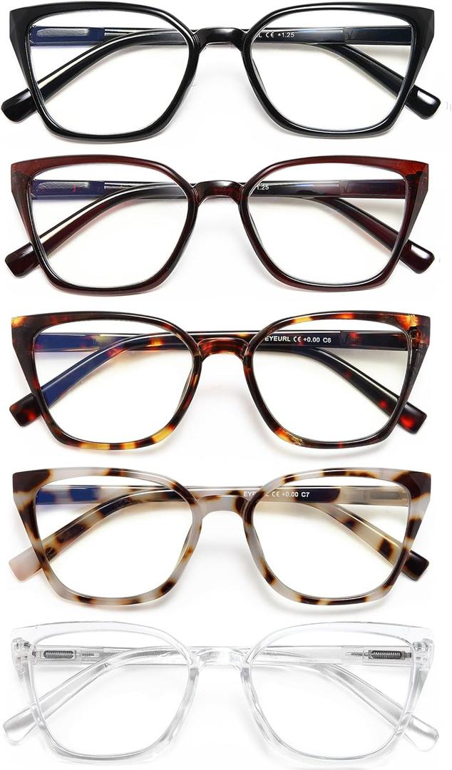 EYEURL Cat Eye Reading Glasses for women - 5 Pack Blue Light Blocking Reading Glasses Ladies +2.50 Fashion Square Frames Magnification with Spring Hinge (Black/Clear/Tortoise/Purple Red/White Tortoise)