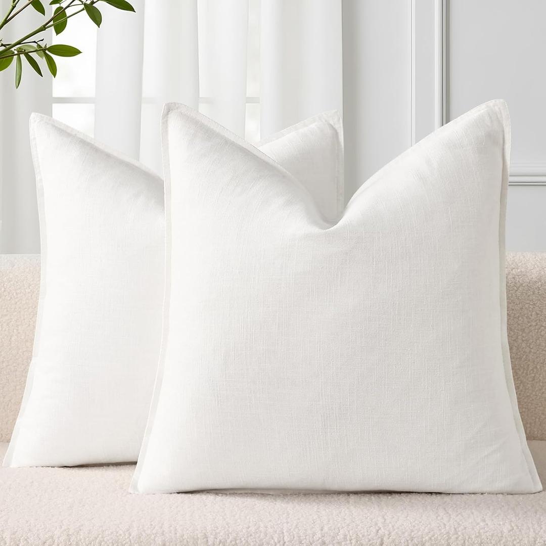 decorUhome Summer Decorative Linen Throw Pillow Covers 18x18 Inch Set of 2 Cream White Pillow Covers with Flange Edges Soft Farmhouse Boho Accent Pillow Cases for Couch Bed Living Room