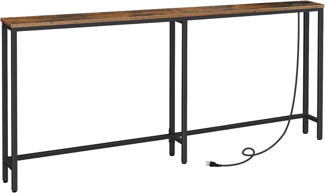 HOOBRO 5.9" Skinny Console Table with Charging Station, 70.9" Narrow Sofa Table with Power Outlets, Long Behind Couch Table, Slim Entryway Table for Hallway, Living Room, Rustic Brown BF185UXG01