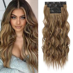 REECHO Clip in Hair Extensions, 4PCS Hair Extensions 24" Thick Long Beach Waves hair extensions Invisible Lace Weft Natural Soft Hairpieces for Women – Medium Reddish Brown with Highlights