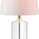 JONATHAN Y 25" Clear Glass and Chrome LED Table Lamp, Modern Coastal Bedside Lamp with White Linen Drum Shade for Living Room, Farmhouse Decor, LED Bulb Included JYL1018A