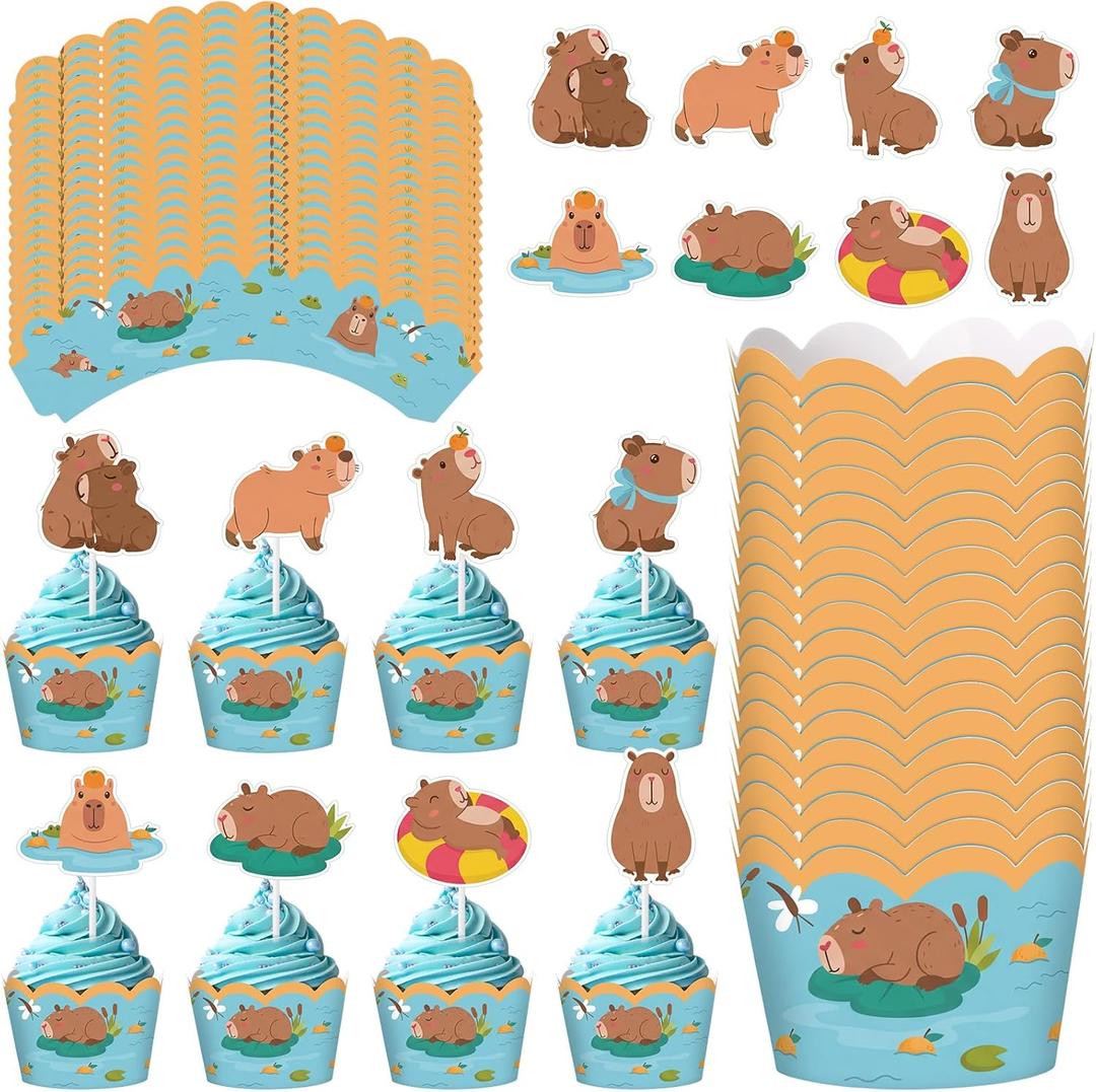 96 Pcs Capybara Cupcake Toppers and Wrappers Cute Animal Cake Decorations Capybara Cupcake Picks and Liners for Baby Shower Birthday Party Supplies
