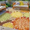 Colorful 8x10 Outdoor Area Rug Washable Multicolored Patio Rug Tropical Botanical Floral Chenille Waterproof Outdoor Carpet Non-Slip for Deck, Backyard, Porch, Orange