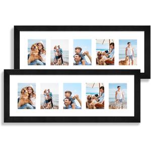 8x24 Picture Frame 2 Pack, Rustic Black Wood Frame with Tempered Glass, Display Pictures Multiple Five 4x6 With Mat or 8 x 24 Without Mat - Horizontal or Vertical Wall Mounting
