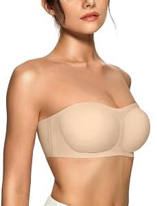 OEAK Womens Strapless Bras Push Up Bandeau Bra Non Slip Wireless Supportive Padded Bras Seamless Comfortable Tube Bra S Beige (Beige, S)