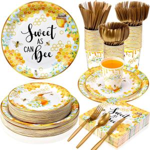 Ziliny 350 Pcs Baby Shower Party Supplies Sweet as Can Bee Paper Plates Napkins Cups and Plastic Cutlery Party Tableware Set for Honey Baby Shower Birthday Decorations, Serves 50