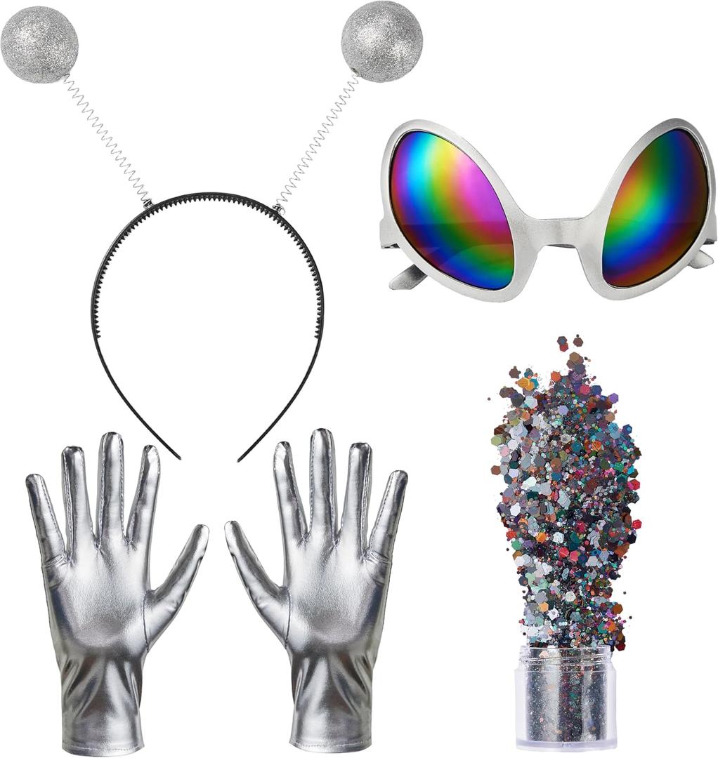 Spooktacular Creations Halloween Alien Accessory Set, Alien Costume With Antenna Headband, Sunglasses, Silver Gloves, Glitter Powder for Halloween Adult Cosplay Pretend and Play Party