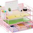 Marbrasse Desk Organizer and Accessories4-Tier Paper File Letter Tray Accessories & Workspace Desk Organizers with Drawer and 2 Pen Holders for School Home Office Supplies(Pink) (9.1" x 12.8" x 9.1")