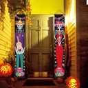 2 Pieces Day of The Dead Decorations Porch Sign Door Banner, Dia De Los Muertos Decor Mexico Party Decorations for Altar,, Halloween Welcome Hanging Flag Indoor Outdoor Decor for Front Door 11.8x70.9