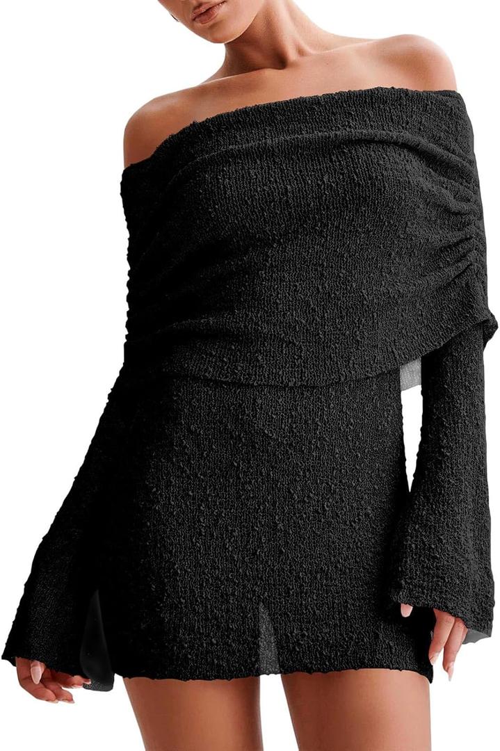 Women's Off Shoulder Cover Ups Summer Beach Swimsuit Long Bell Sleeve Sheer Dress Bathing Suit Coverup (Black, S)
