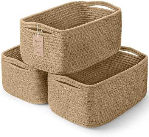 Maxuni 3-Pack Storage Baskets for Organizing | Woven Shelf Toy Basket | Rope Baskets for Gifts Empty | Closet Organizer Bins with Handles | Cube Decorative Box | 11.8×7.8×5.1” | Brown