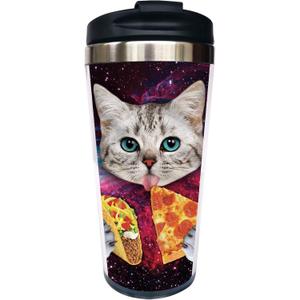 Funny Cute Galaxy Cat Pizza Travel Coffee Mug Insulated Tumbler with Wrap Lid and Stainless Lined for Women Men Birthday, 14 OZ