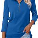 Women's 3/4 Length Sleeve Tops Collared V Neck T Shirts Polo Zipper Summer Shirts (Medium, A-dark Blue)