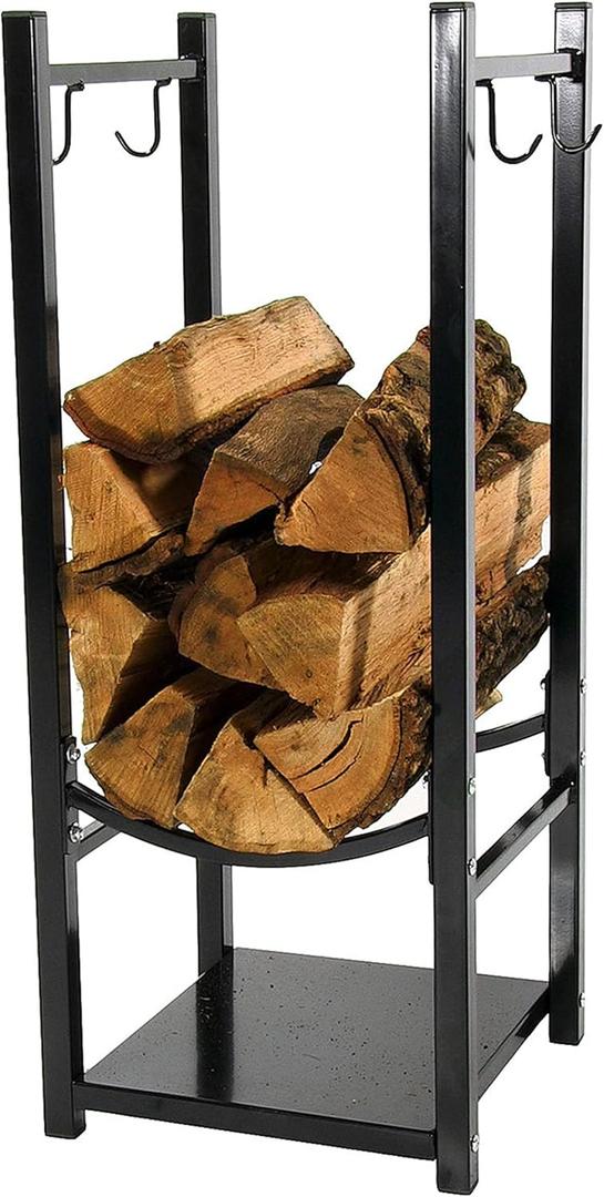 Sunnydaze 32" Indoor Firewood Rack with Hooks for Tools - Outdoor Fireplace Log Holder for Wood Storage - 200-lb Capacity - Black