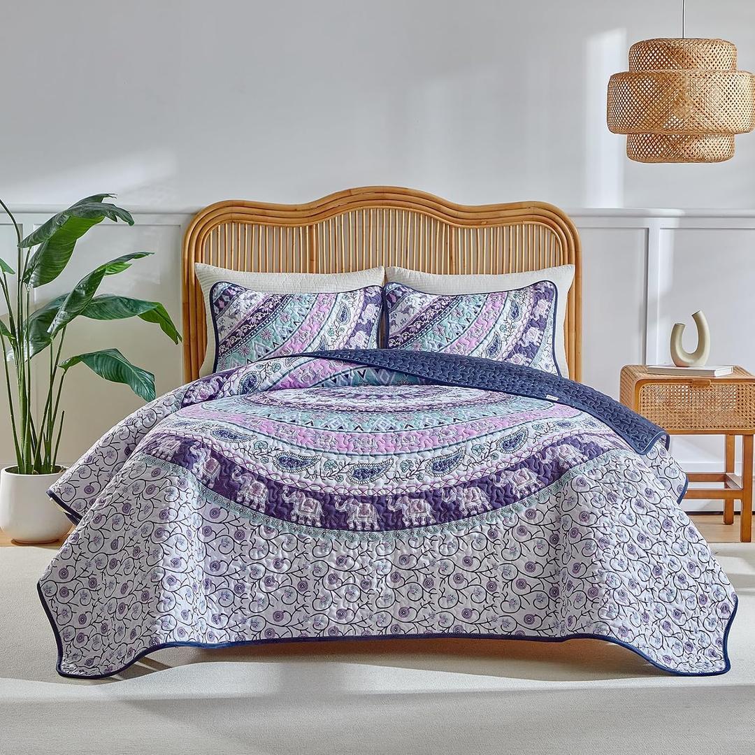 Boho Quilt Set King Size - Reversible Summer Bohemian Quilt Bedding Set, 3 Pieces Colorful Lightweight Microfiber Bedspread Purple Elephant Paisley Circle Coverlet Set with Pillow Shams for Hot Day, King 102*90