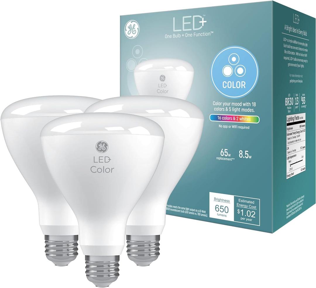 GE LED+ Color Changing LED Light Bulbs with Remote, 8.5W, No App or Wi-Fi Required, BR30 Indoor Floodlights (3 Pack)