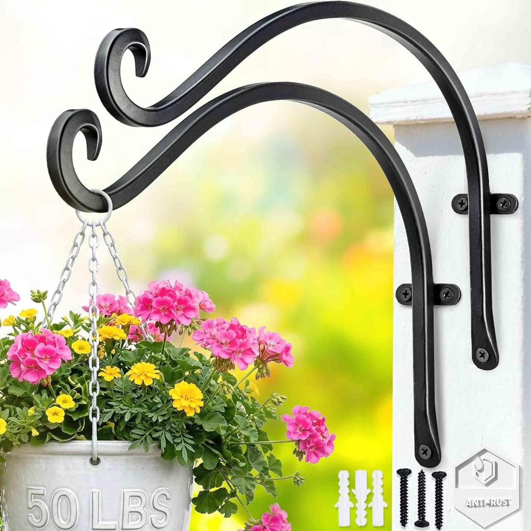 Qiang Ni Outdoor Bird Feeder Hanger Hooks: 12-Inch 50Lbs Wall Hanging Plant Bracket Indoor - 2 Pieces Plant Hooks for Hanging Flower Baskets