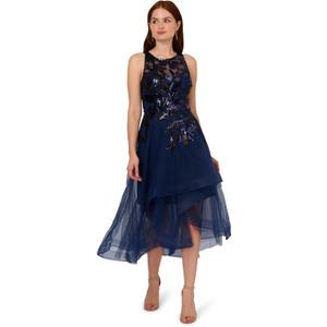 Adrianna Papell Women's Sequin Combo High-Low Dress, Navy/Black, 12