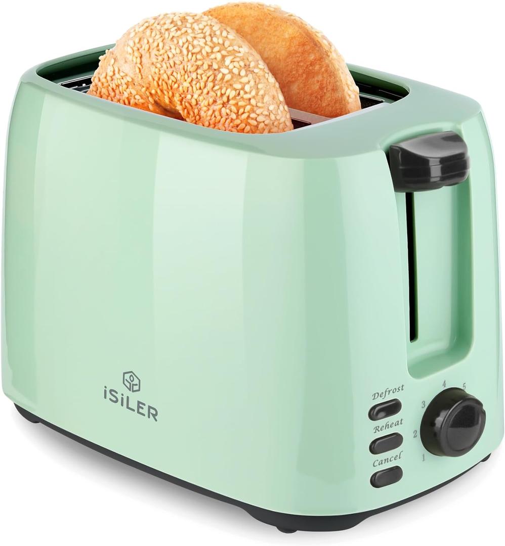 iSiLER 2 Slice Toaster, 1.3 Inches Wide Slot Bagel Toaster with 7 Shade Settings and Double Side Baking, Removable Crumb Tray, Defrost Cancel Function Green