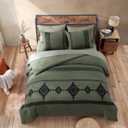 MaiRve Embroidery Comforter Set, Boho Farmhouse Western Bedding Set, All Season Bed in A Bag Comforter Set with Sheets, Pillowcases & Shams, Olive Green Queen 7 Pieces