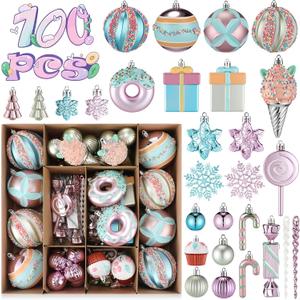 Soulchen 100 Pcs Pastel Christmas Tree Candy Ornaments Set, Macaron Shatterproof Pendants Christmas Ornaments Hanging Decor with Candy Cake Lollipop Donut Gift Package for Xmas Holiday Indoor Decor