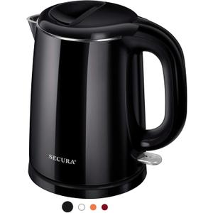 Secura Stainless Steel Double Wall Electric Kettle Water Heater for Tea Coffee w/Auto Shut-Off and Boil-Dry Protection, 1.0L (Black) SWK-1001DB/HB-K012