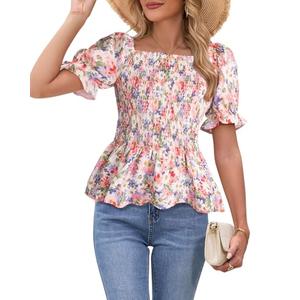 Womens Puff Short Sleeve Babydoll Tops Floral Summer Peplum Blouse Smocked Square Neck Loose Fit Ruffle Dressy Tee Shirts Pink Size M