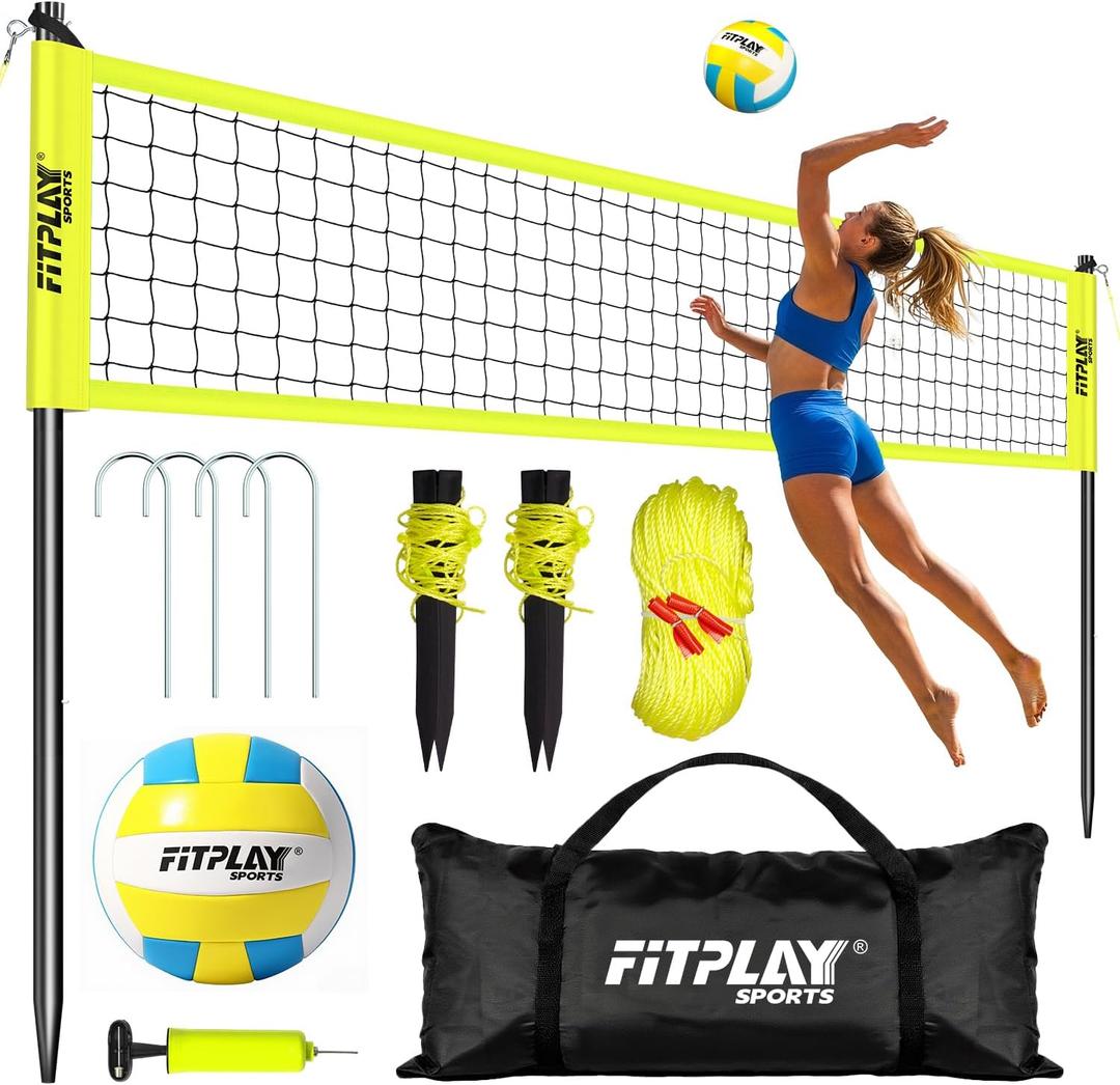 Portable Outdoor Volleyball Net Set,32FT Regulation Size Volleyballs Net System with Height Adjustable Poles,PU Volleyball,Pump,Boundary Line,Anti-Sagging and Carry Bag for Backyard,Beach,Lawn