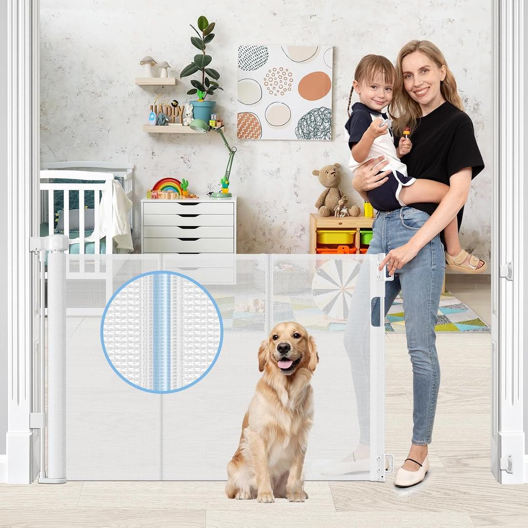 Reinforced Retractable Baby Gates with Support Rods, Retractable Pet Gate for Dog Prevent Bottom Crawling Through, Extends up to 55 Wide, Reinforced Mesh Stairs Gate for Kids Child Safety Gate, White