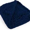 Chunky Knit Throw Blanket 50"X 60", 100% Handmade with Soft Chenille Yarn, 4.4lbs Thick Cable Knitted Blankets, Large Rope Knot Crochet Throws for Couch Sofa Bed Home Decor, Navy Blue