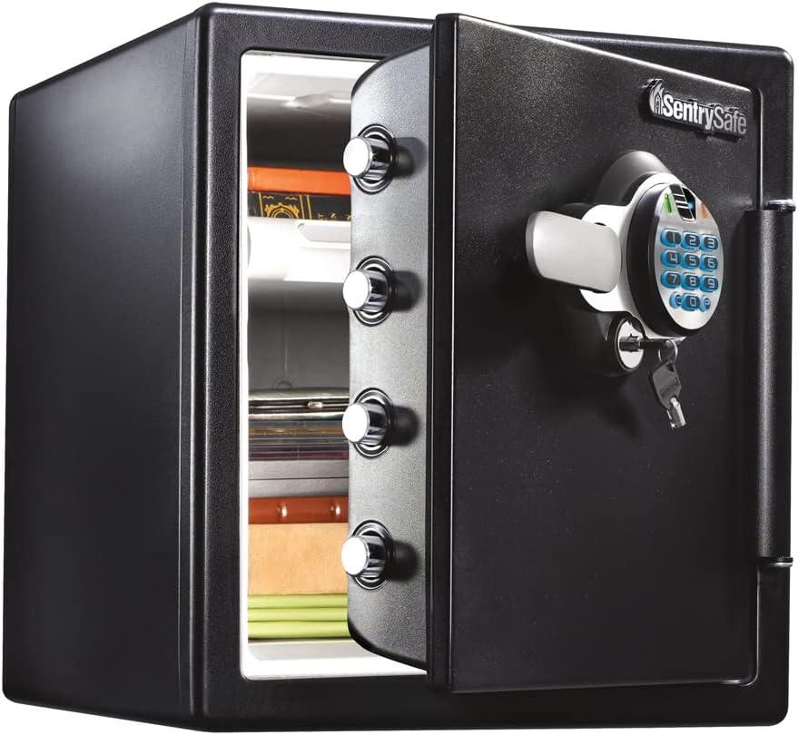 SentrySafe Fireproof and Waterproof Home Safe with Biometric Fingerprint Lock, Keypad, and Key Lock for Securing Money, Jewelry, Documents, 1.23 Cubic Feet, SFW123BTC