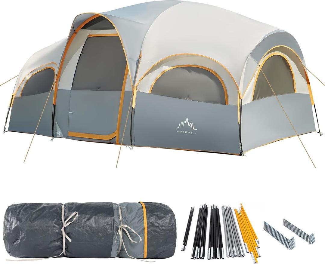 GoHimal 8 Person Tent for Camping, Waterproof Windproof Family Tent with Rainfly, Divided Curtain Design for Privacy Space, Portable with Carry Bag (Gray)