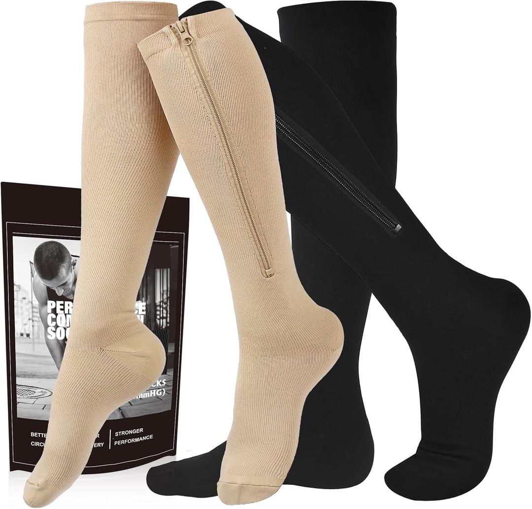 Zipper Compression Socks, 2 Pairs 15-20 mmHg Closed Toe Compression Stockings for Men Women (Small-Medium, Black/Beige)