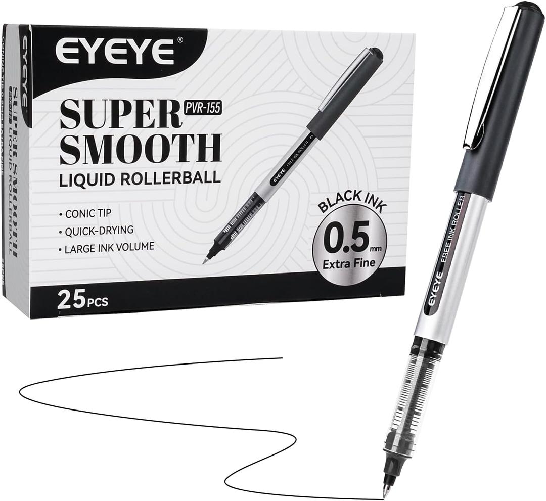 EYEYE 0.5mm Black Rollerball Pens 25 Pack, Extra Fine Point Roller Ball Pen Quick Dry, Liquid Ink Pens Fine Point Smooth Writing Pen for Journaling, Note Taking, Office, School Supplies
