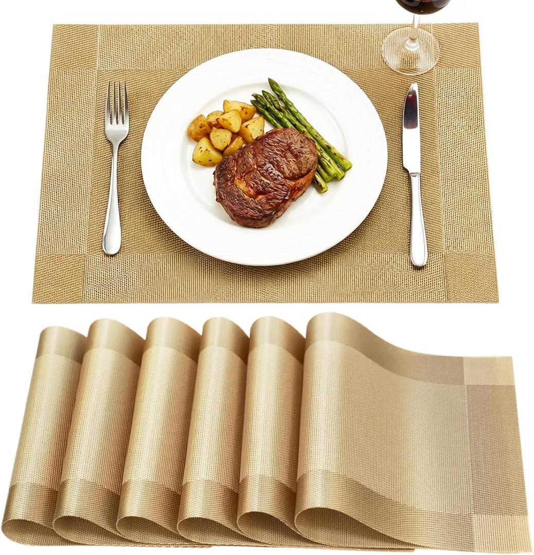 Placemats,Table Place Mats for Kitchen Dining, Heat-Resistant Anti-Skid Stain Washable PVC Table Mats, Easy to Cleaning Woven Vinyl Dinner Mats (Gold, 6 Pack)