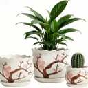 Vintage Flower Pots for Indoor Plant, Round Ceramic Plant Pots with Drainage Holes and Saucers, 6.7/5.2/3.9 Inches Retro Flower Planters Set of 3 (Cherry Blossom)