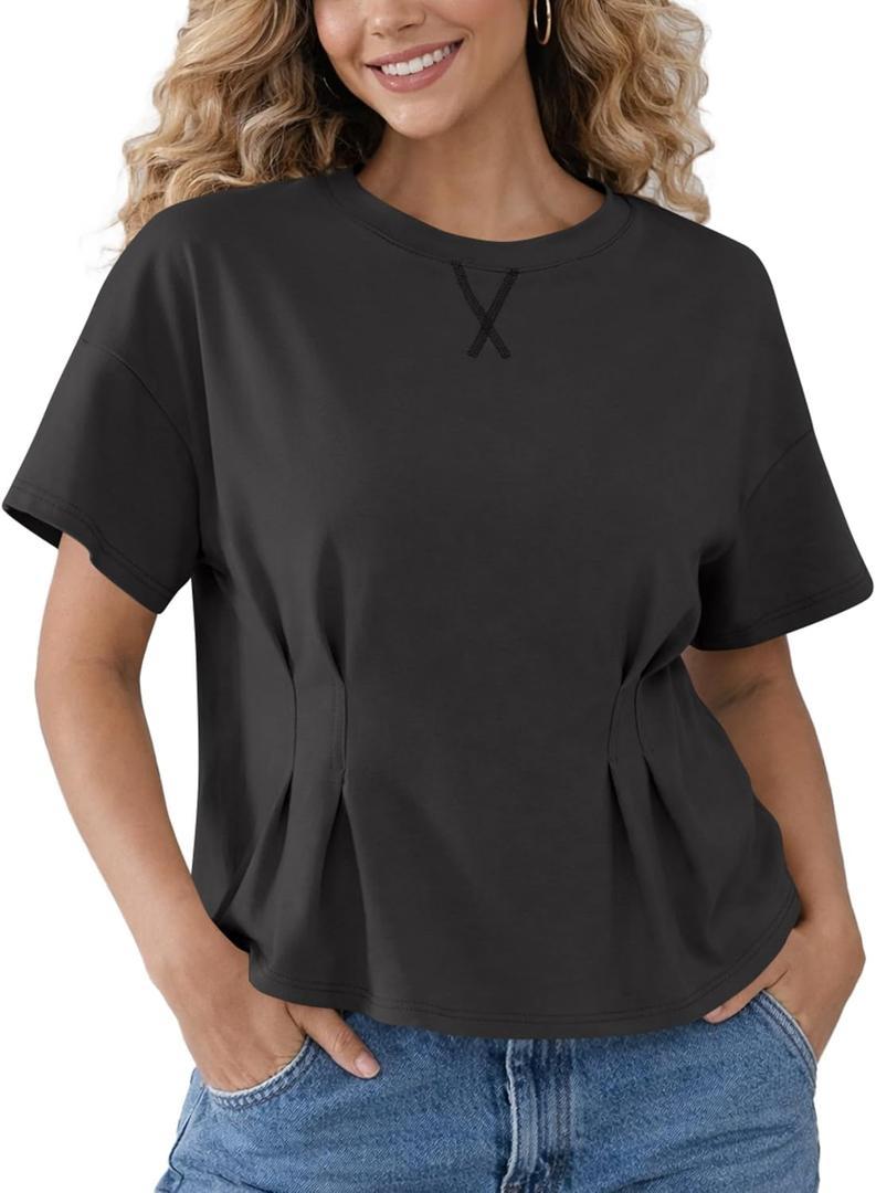 Women's Peplum Tops Babydoll Tops Short Sleeve Shirts Cinched Waist Tops Casual Blouses Dressy Summer (Dark Grey)