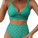 Herseas Women's Bikini Sets V Neck Cutout Two Piece Swimsuit Push Up High Waisted Tummy Control Bathing Suits Sexy Beach Swim Wear Summer 2026 Zigzag Stitch Green Scalloped Floral Medium