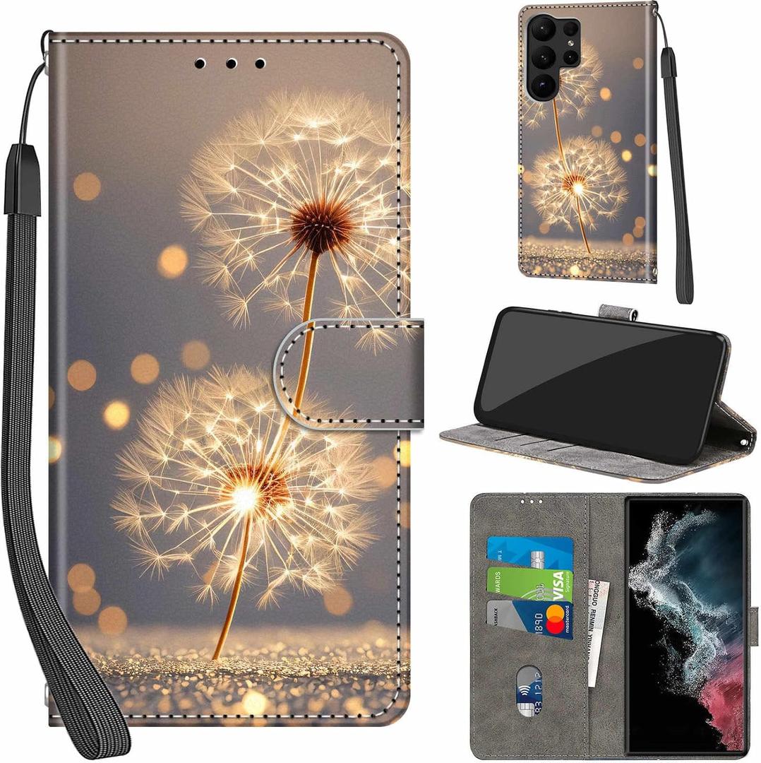 Case Wallet for Samsung Galaxy S23 Ultra, with [3 Card Slots], Kickstand Magnetic Closure PU Leather Shockproof Protective Flip Cover 6.8" 2023, Golden Dandelion