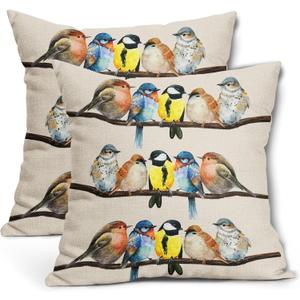 Oil Painted Bird Pillow Covers 16X16 Inch Rustic Birds Tree Branches Decorative Pillow Cases Wildlife Spring Summer Cotton Linen Throw Pillows Set of 2 Home Decor For Sofa Couch Bedroom Outdoor