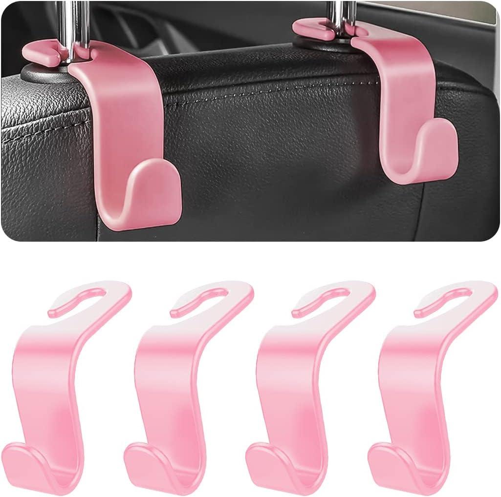 Car Back Seat Headrest Hooks, 4PCS Vehicle Backseat Storage Organizer Hanger, Multifunctional Auto Headrest Hidden Hook Universal for Handbag Purse Backpacks Bags and Groceries (Pink)