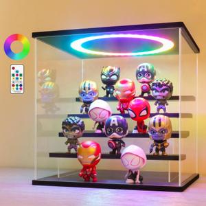 LANSCOERY RGB Lighted Acrylic Display Case 5 Tier Black Showcase with Color Changing LED, Dustproof Organizer Box for Funko Pop, Mini Figures, Collectibles, 11.8x11x11.8inch