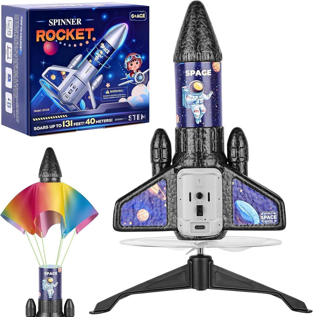 VisionX Rocket Launcher for Kids, 2nd Gen Improved Design, Launch Up to 200ft, Auto-Launch Rocket Toy with Parachute, Outdoor Toys for Ages 5-13, for Boys & Girls, Black