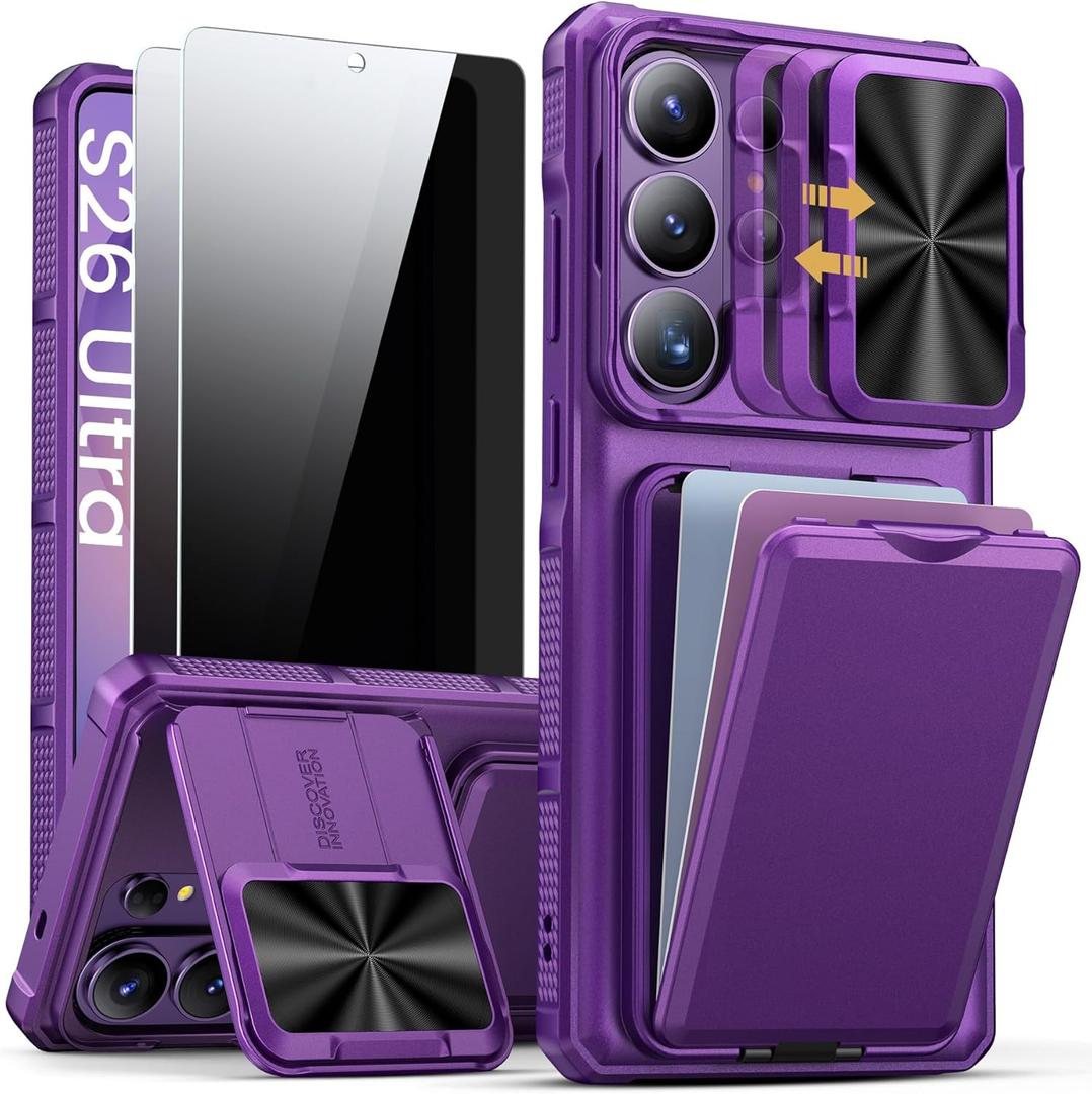 SSLOTSCASE for Samsung Galaxy S26 Ultra Case with 2X Privacy Screen Protector, Top 28 Anti-Spy, Credit Card Holder & Slide Lens Cover & Stand, Heavy-Duty Wallet Phone Cover for S26 Ultra, Dark Purple