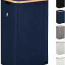 LONBET Laundry Basket with Lid, Made from Breathable Fabric | Aesthetic Clothes Hampers for Laundry with Side Handles & Sturdy Bamboo Frame (26 Gallons - Single, Blue)