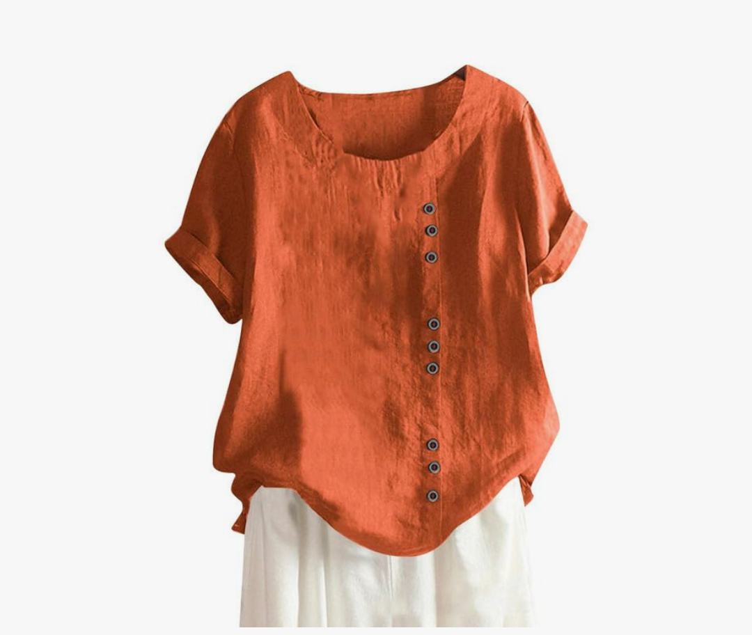 ZOCAVIA Women's Cotton Linen Shirts Summer Casual Boho Floral Short Sleeve Buttons Decor Blouse Tops Oversized Loose Fit Round Neck Graphic Ladies Tunic T Shirts Solid Brick Red Size XL
