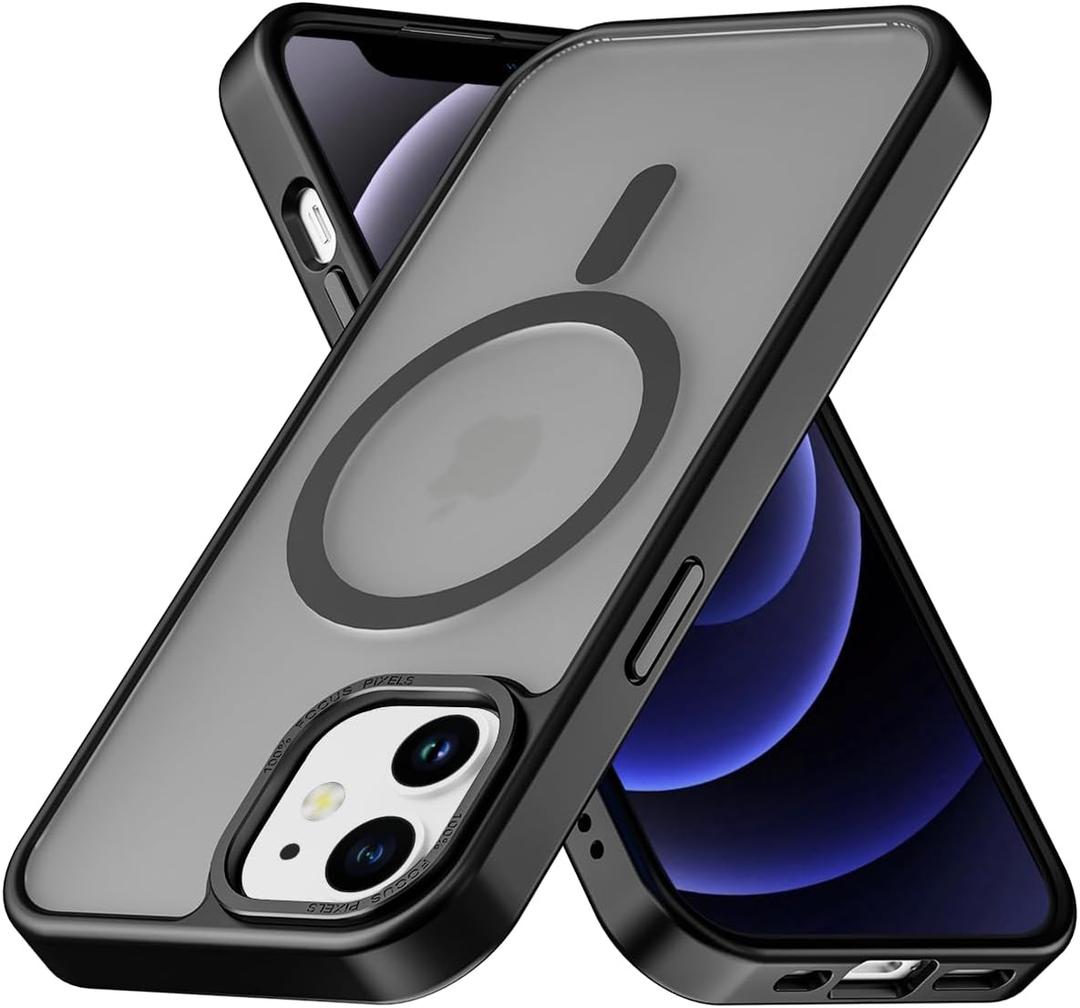 PinLiSheng Magnetic for iPhone 12 Mini Case [Metal Camera Frame&Buttons] [Mil-Grade Drop Protection] Shockproof Slim Translucent Matte Protective Phone Case, Black