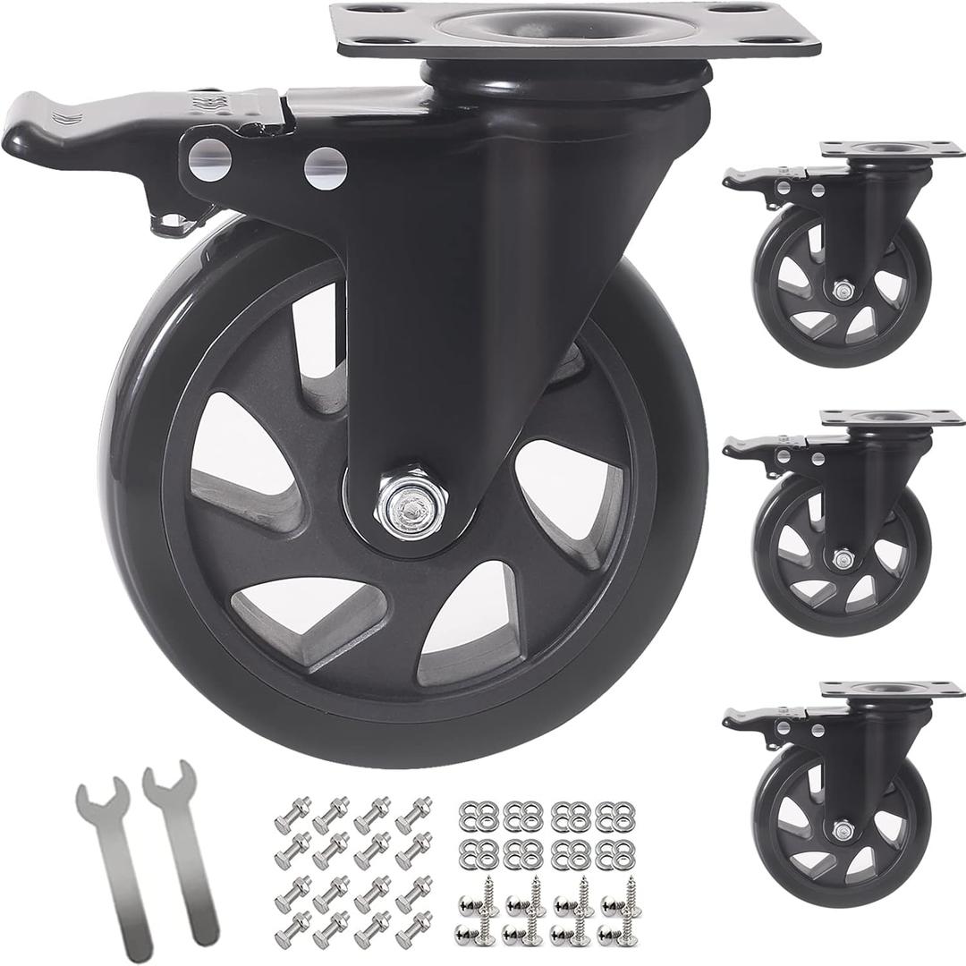 5 Inch Swivel Caster Wheels Set of 4, Heavy Duty Casters with Brake, Polyurethane Locking Casters for Cart, Workbench and Trolley-Load 2200lbs, Black (Two Hardware Kits)