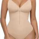 FeelinGirl Shapewear Bodysuit Tummy Control for Women Zip-Up Shapewear Thong Waist V Neck Body Shaper Going Out (Medium, Khaki)