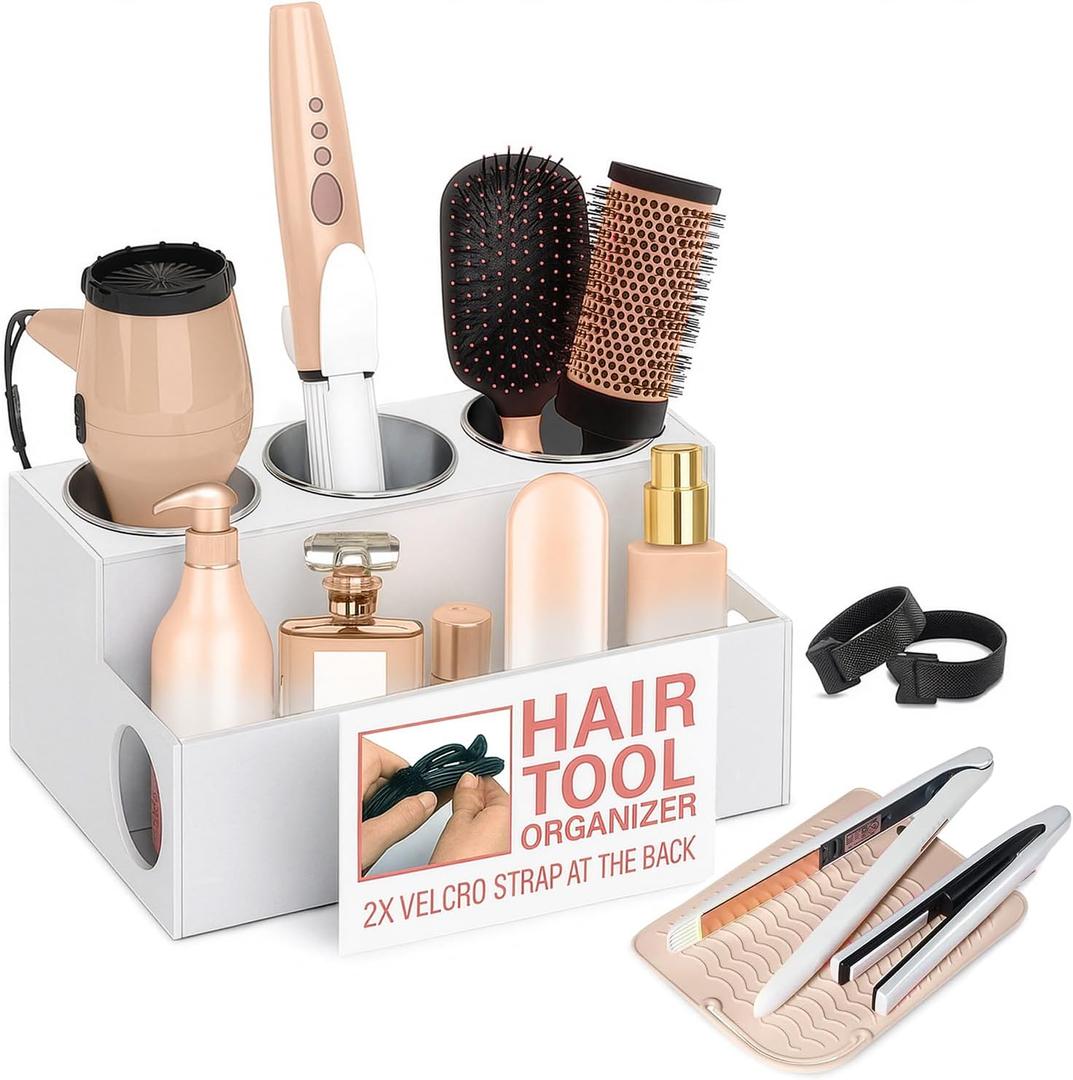 Casavita White Hair Tool Organizer with Heat-Resistant Mat, Hot Tools Organizer, Hair Brush Organizer, Hair Tool Holder, Hair Dryer Organizer, Hot Hair Tools Organizer, Hot Tool Storage